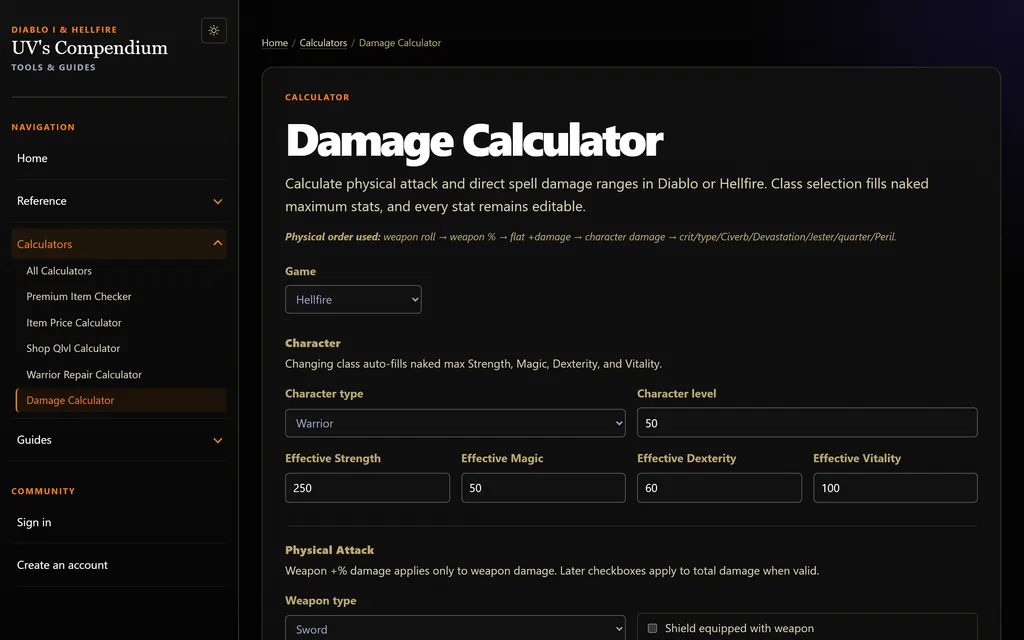 The Damage Calculator with options for game, character class, items and spells.