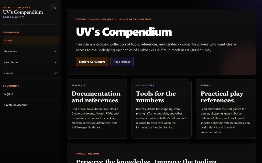 The UV's Compendium home page: a dark interface with sidebar navigation and sections for references, calculators and guides.