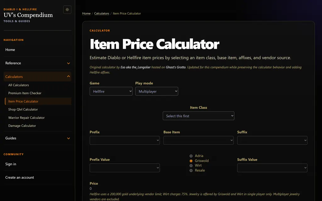 The Item Price Calculator with selectors for game, play mode, item class, affixes and vendor.