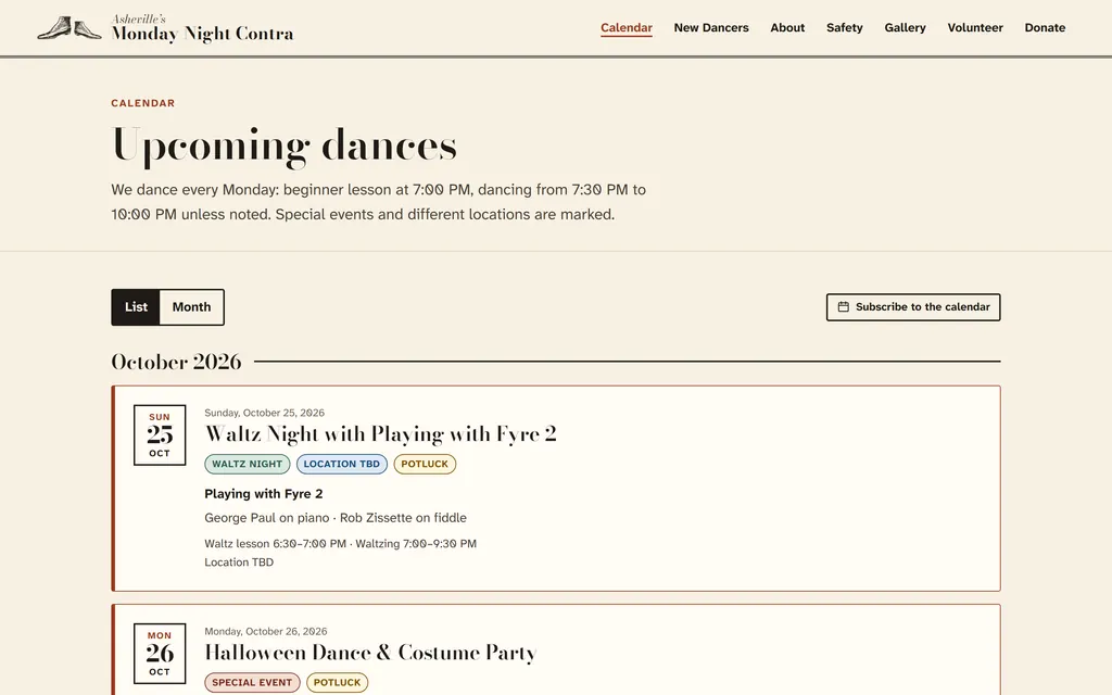 The calendar page listing upcoming Monday dances with times and event types.