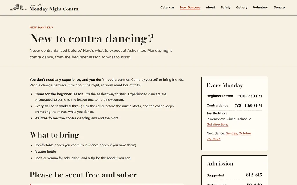 The New Dancers page explaining what to expect at a first contra dance.