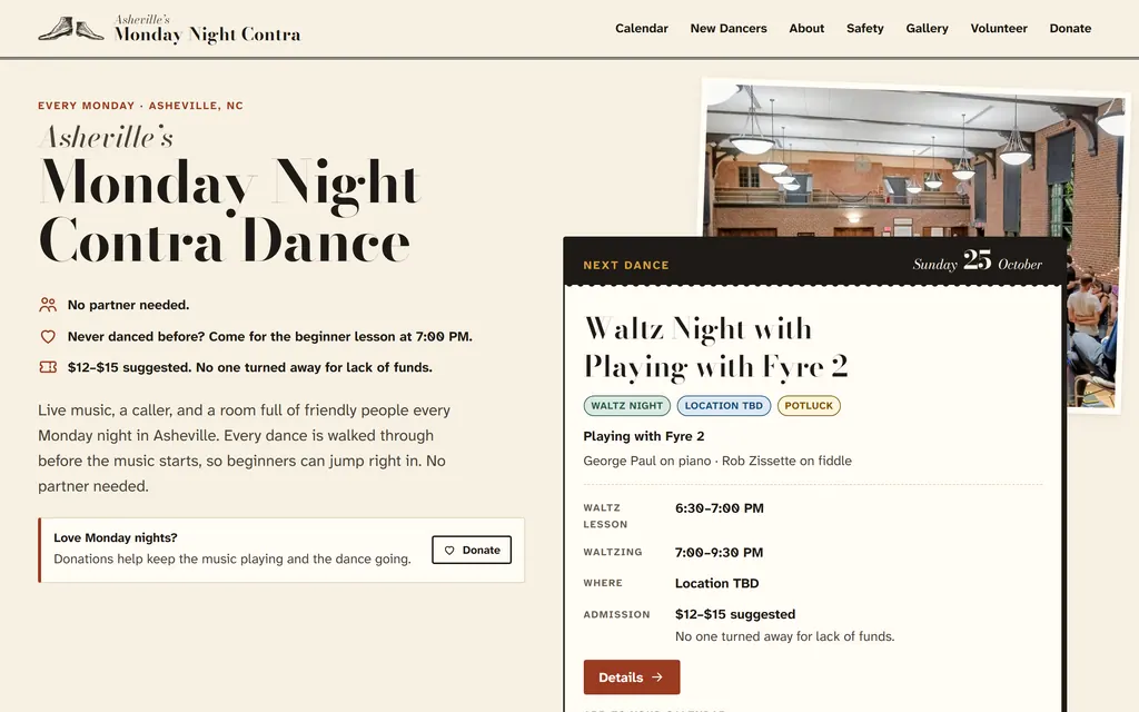 The Monday Night Contra home page, headed "Asheville's Monday Night Contra Dance", with the next dance's date, times, location and admission.
