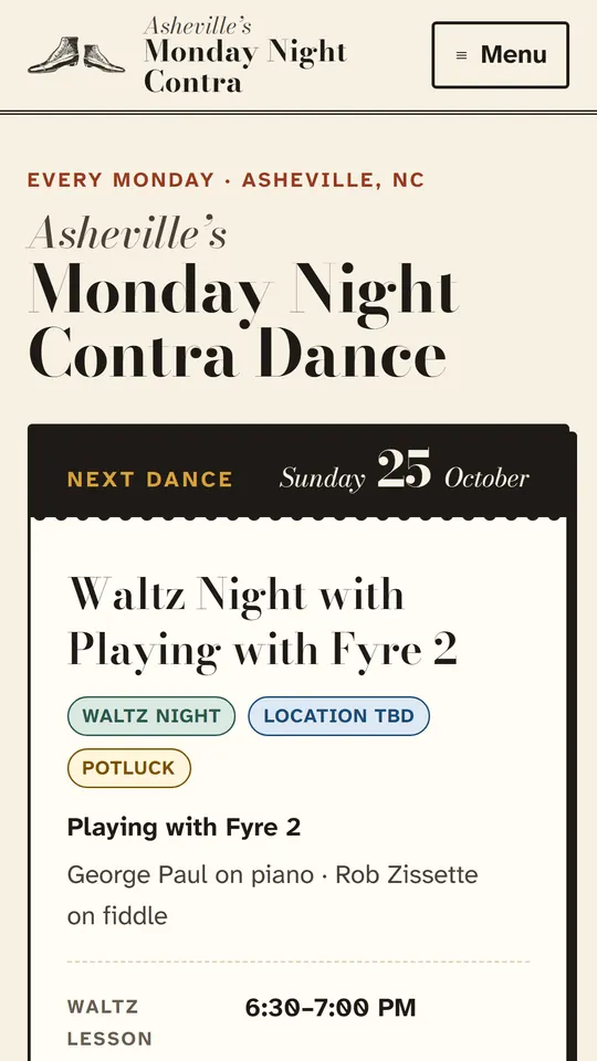 The home page on a phone, showing the next dance first.