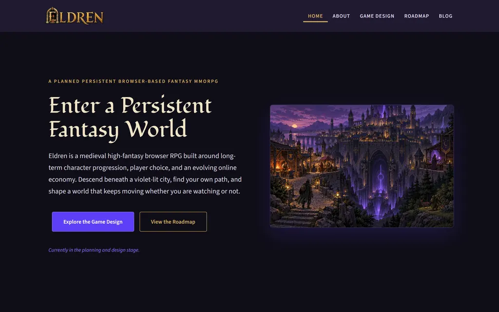 The Eldren development website: "Enter a Persistent Fantasy World" over concept art of a violet-lit fantasy city.