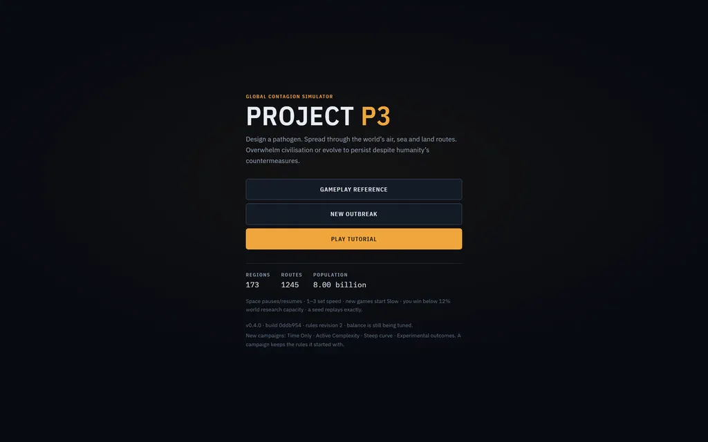 The Project P3 main menu with options for gameplay reference, a new outbreak and the tutorial.