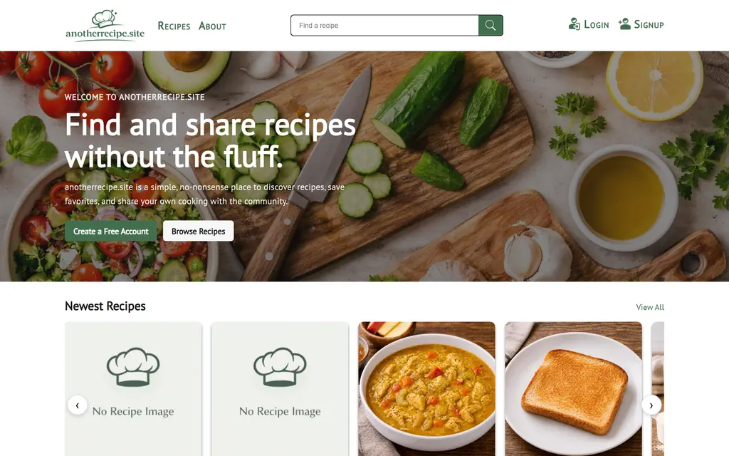 The anotherrecipe.site home page: "Find and share recipes without the fluff" over a photo of fresh ingredients.